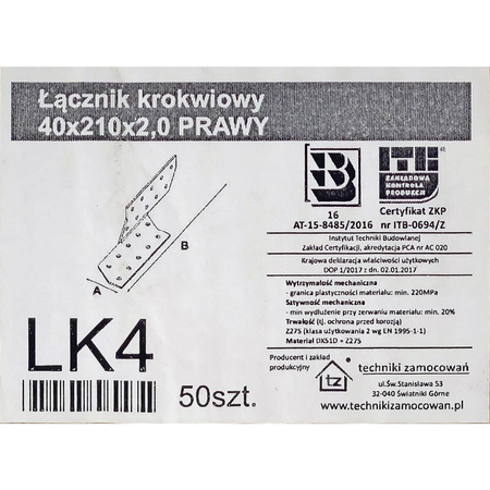 Łącznik ciesielski krokwiowy prawy ŁK4 40x210x 2,0 mm (1 szt.)